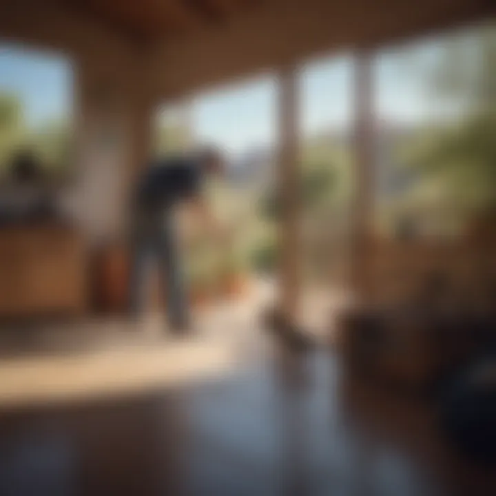 A professional pest control technician inspecting a residential property.