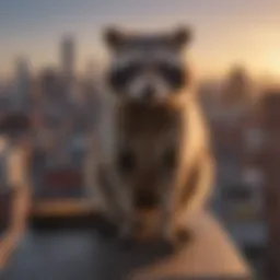 A raccoon observing from a rooftop at dusk