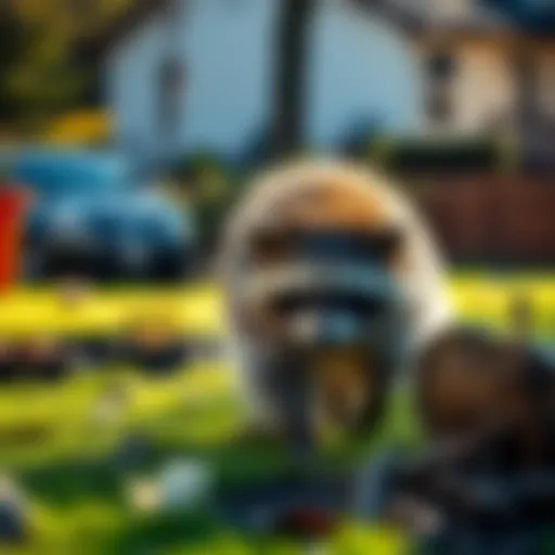 A raccoon scavenging through a residential yard