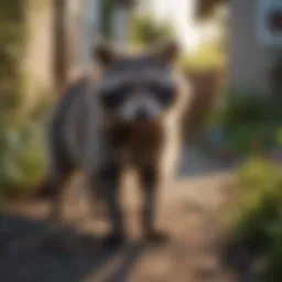 Raccoon exploring a backyard