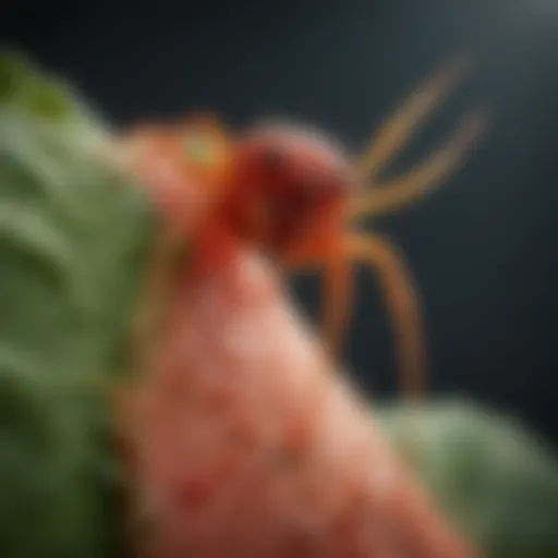 Close-up view of red spider mites on a plant leaf