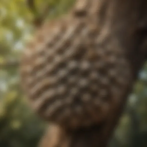 A close-up view of a wasp nest hanging from a tree branch