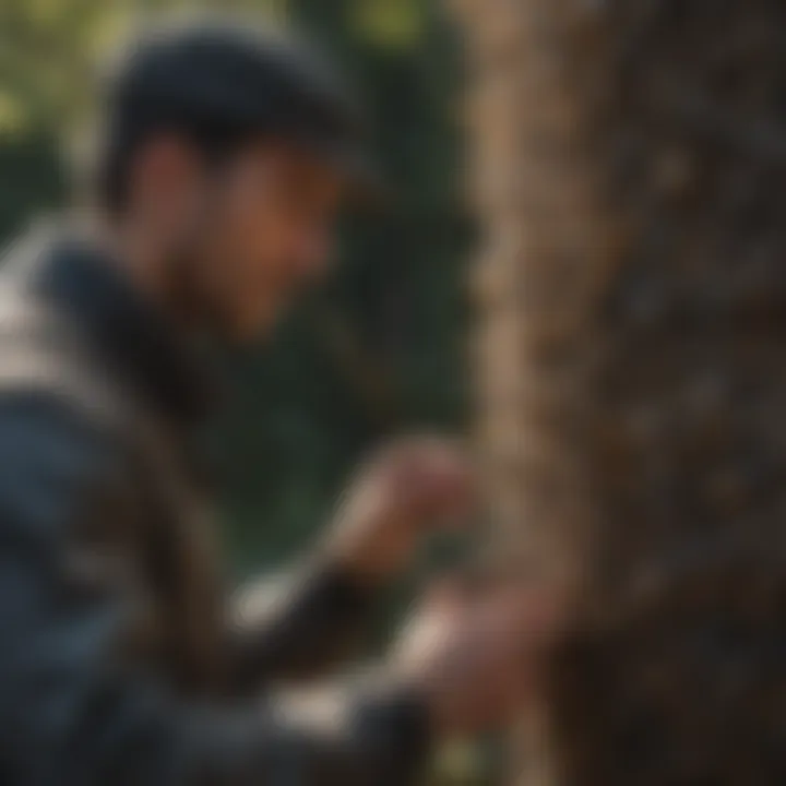 A professional exterminator inspecting a property for wasp nests