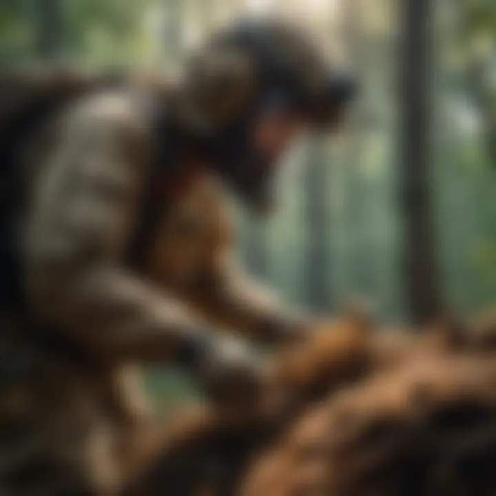 A person in protective gear assessing the location of a hornets' nest