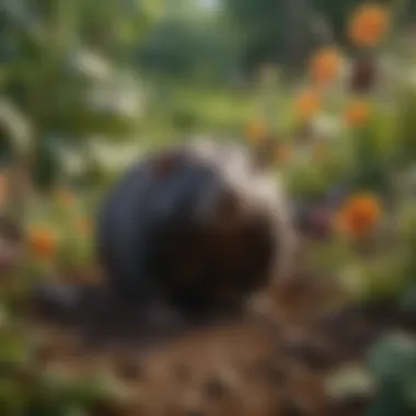 Mole Activity in a Flourishing Garden Ecosystem A vibrant garden with visible mole activity.