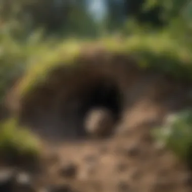 Vole burrow entrance in a garden