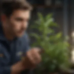 A close-up view of a pest control technician examining a plant for infestation
