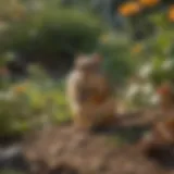 A chipmunk foraging for food in a garden setting.