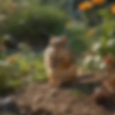 Chipmunk Foraging in a Garden A chipmunk foraging for food in a garden setting.