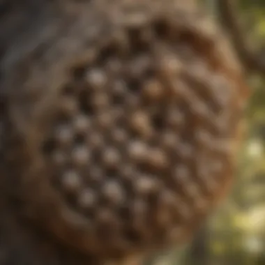 A close-up of a wasp nest in a tree