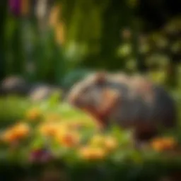 Groundhog inspecting bait in a garden