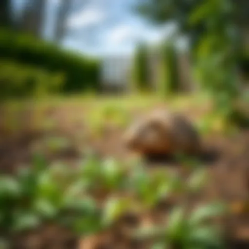 A serene garden setting showing the impact of groundhogs on crops