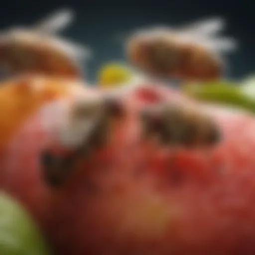 Close-up view of fruit flies on ripe fruit