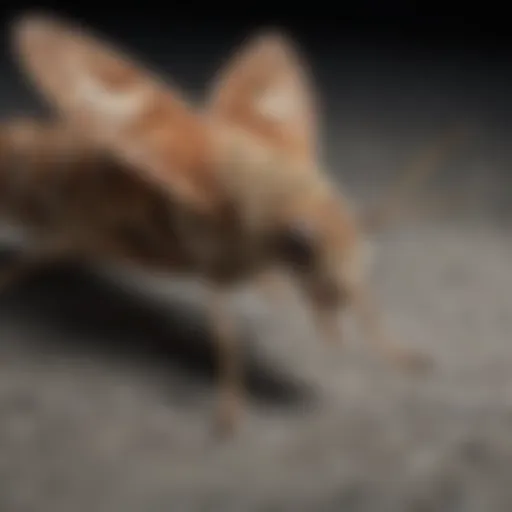 Close-up of a little moth on a surface showcasing its distinctive features