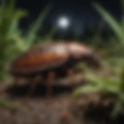 Roaches foraging in a garden at night under moonlight