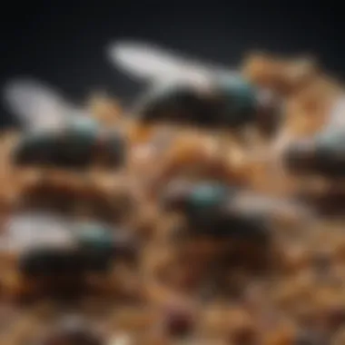 Common Houseflies on Food Waste Close-up view of common houseflies on food waste
