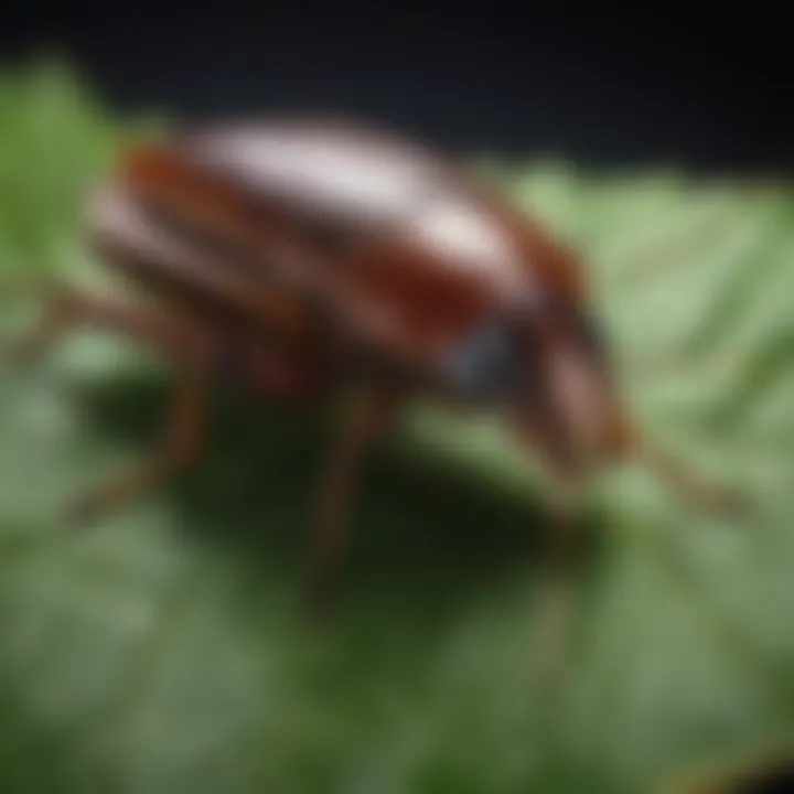 A close-up view of a Mississippi cockroach on a leaf, showcasing its distinct physical features.