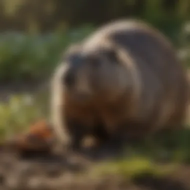 Groundhog foraging for food in a yard