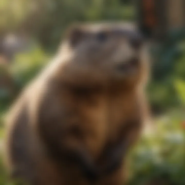 A groundhog in a suburban garden