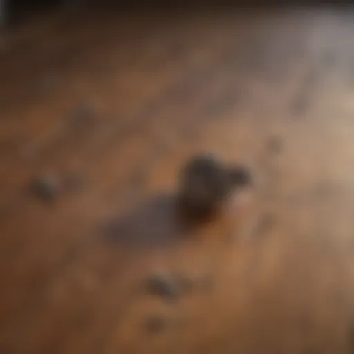 Close-up of rat droppings on a hardwood floor