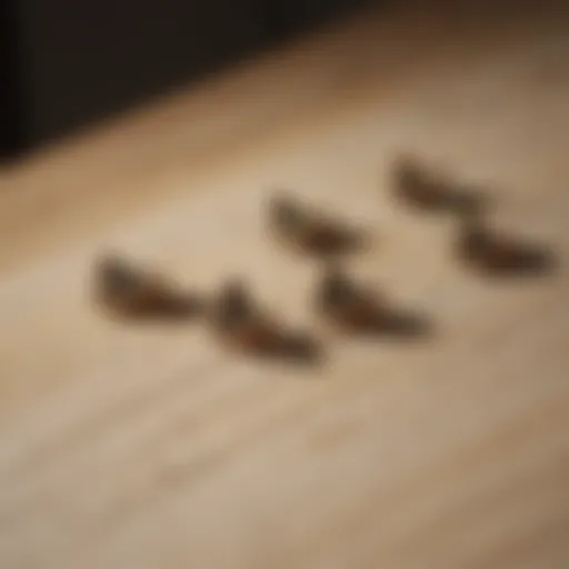 Close-up of tiny moths resting on a kitchen cabinet.