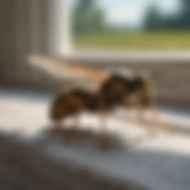 Close-up view of a wasp resting on a window sill