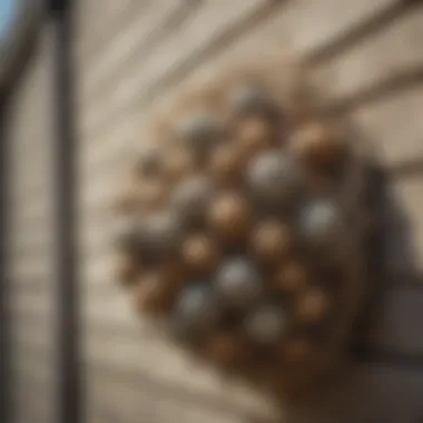 Close-up view of a wasp nest on siding