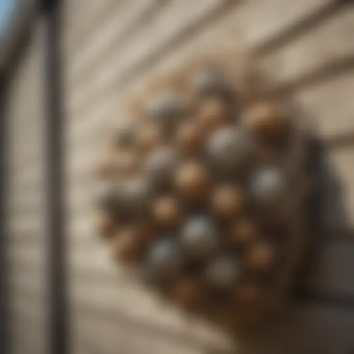 Close-up view of a wasp nest on siding