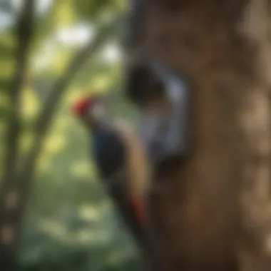 A homeowner installing woodpecker deterrents on property